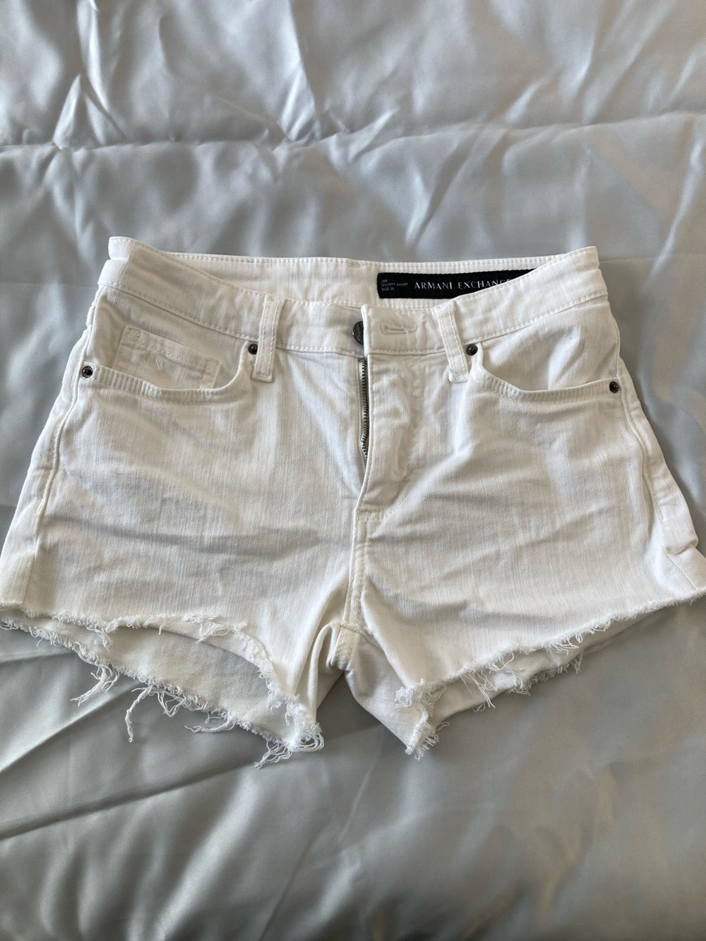Armani Exchange White Denim Cutoff Jean Shorts with Frayed Hem